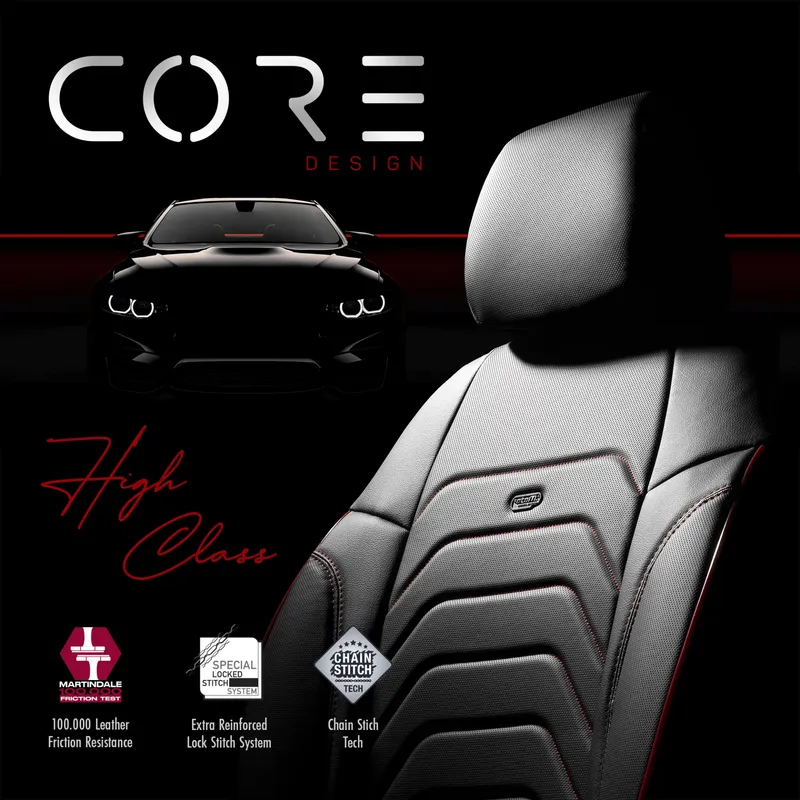 Комплект Луксозна Тапицерия OTOM текстил с еко кожа CORE Design – Черна с червен шев, за Предни и Задни Седалки - 9