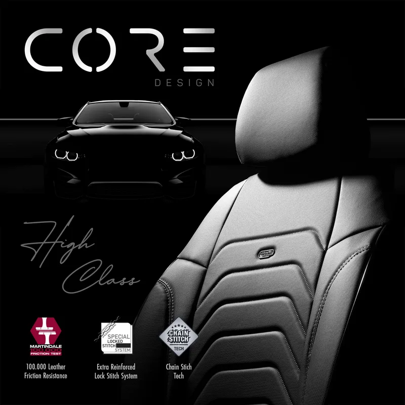 Комплект Луксозна Тапицерия OTOM текстил с еко кожа CORE Design – Черна със сив шев, за Предни и Задни Седалки - 9