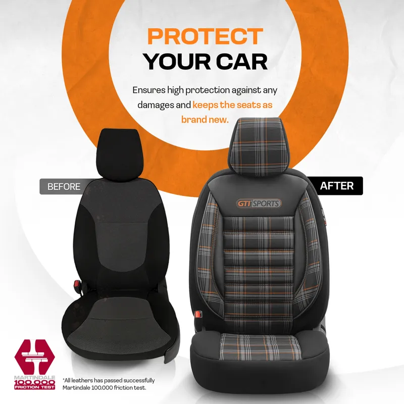 Комплект Луксозна Тапицерия OTOM текстил с еко кожа GTI SPORTS Design – Черна с оранжев шев, за Предни и Задни Седалки - 9