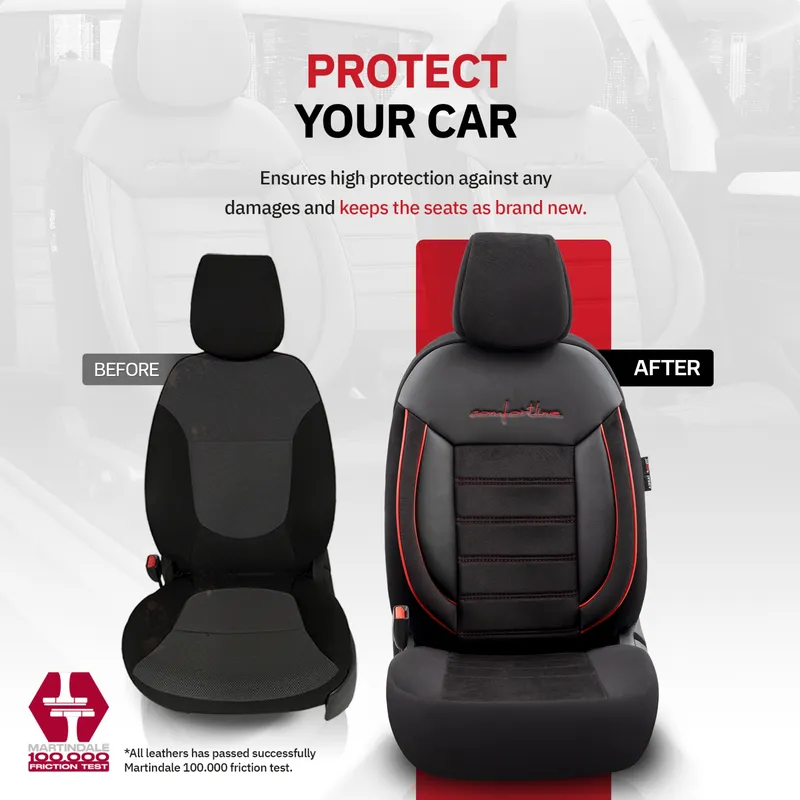 Комплект Луксозна Тапицерия OTOM текстил с еко кожа COMFORT LINE Design – Черна с червен шев, за Предни и Задни Седалки - 9