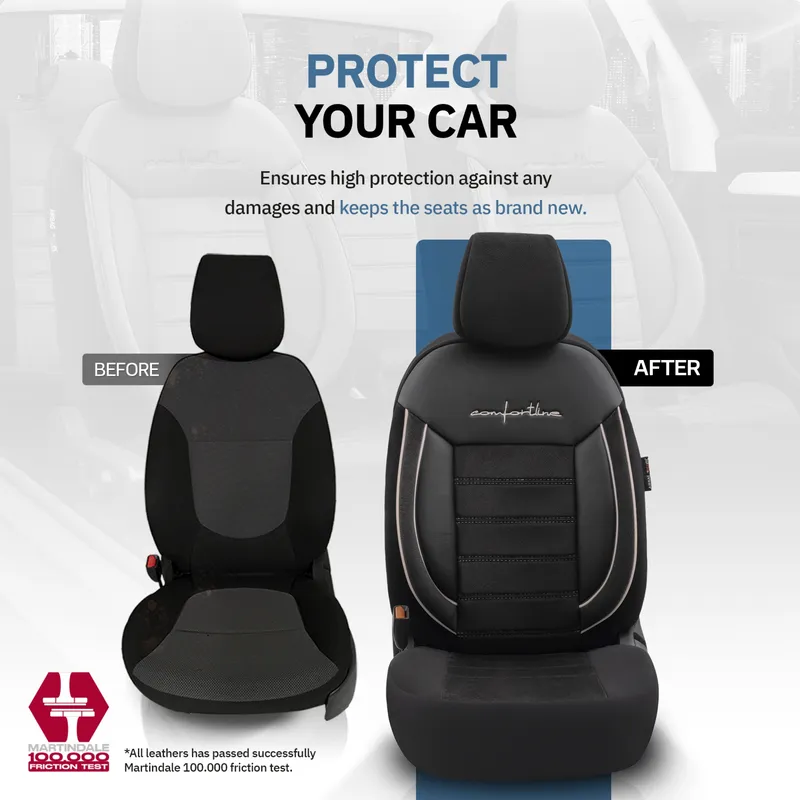 Комплект Луксозна Тапицерия OTOM текстил с еко кожа COMFORT LINE Design – Черна с бял шев, за Предни и Задни Седалки - 10