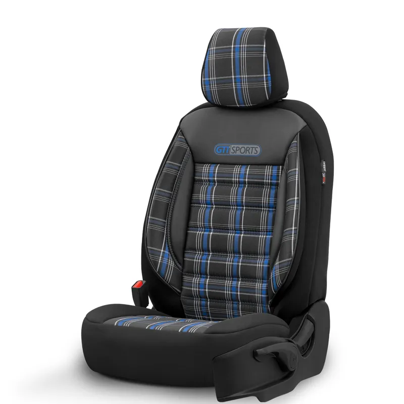 Комплект Луксозна Тапицерия OTOM текстил с еко кожа GTI SPORTS Design – Черна със син шев, за Предни и Задни Седалки - 10