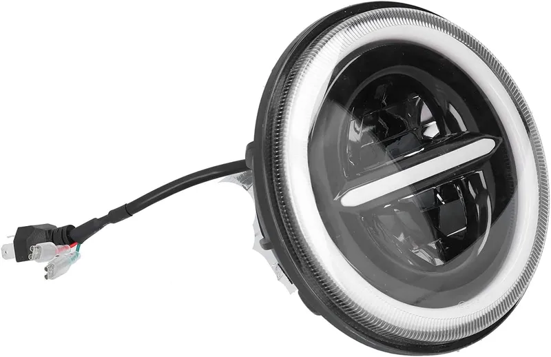Комплект от 2бр. универсален 7 инча 18см ЛЕД LED фар лампа халоген 12V-24V къси/дълги с DRL дневни светлини мигач бяло-жълто 7500lm за АТВ джип мотоциклет камион трактор и др. - 10