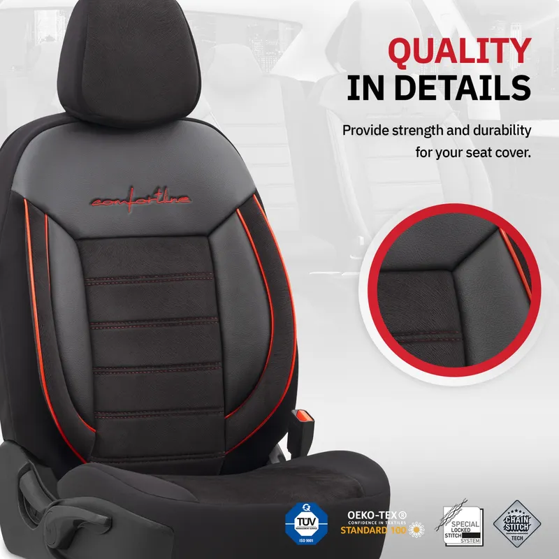 Комплект Луксозна Тапицерия OTOM текстил с еко кожа COMFORT LINE Design – Черна с червен шев, за Предни и Задни Седалки - 10