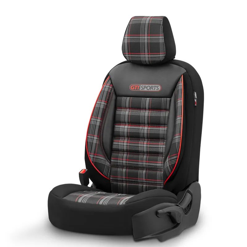 Комплект Луксозна Тапицерия OTOM текстил с еко кожа GTI SPORTS Design – Черна с червен шев, за Предни и Задни Седалки - 10