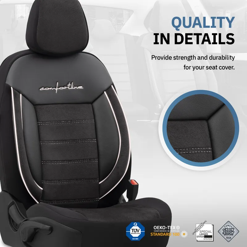 Комплект Луксозна Тапицерия OTOM текстил с еко кожа COMFORT LINE Design – Черна с бял шев, за Предни и Задни Седалки - 11