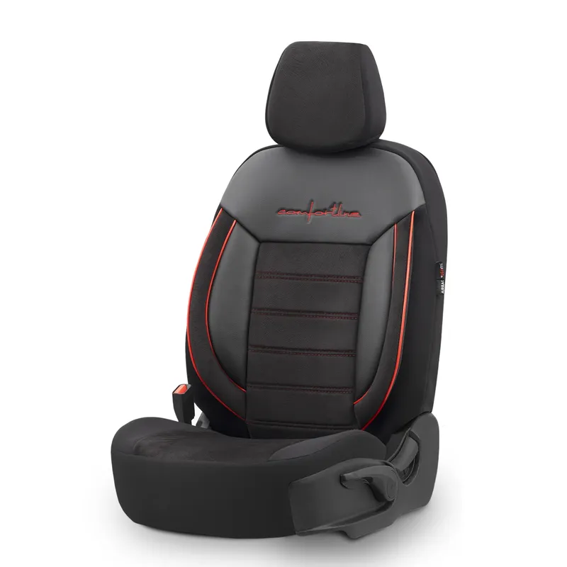 Комплект Луксозна Тапицерия OTOM текстил с еко кожа COMFORT LINE Design – Черна с червен шев, за Предни и Задни Седалки - 11