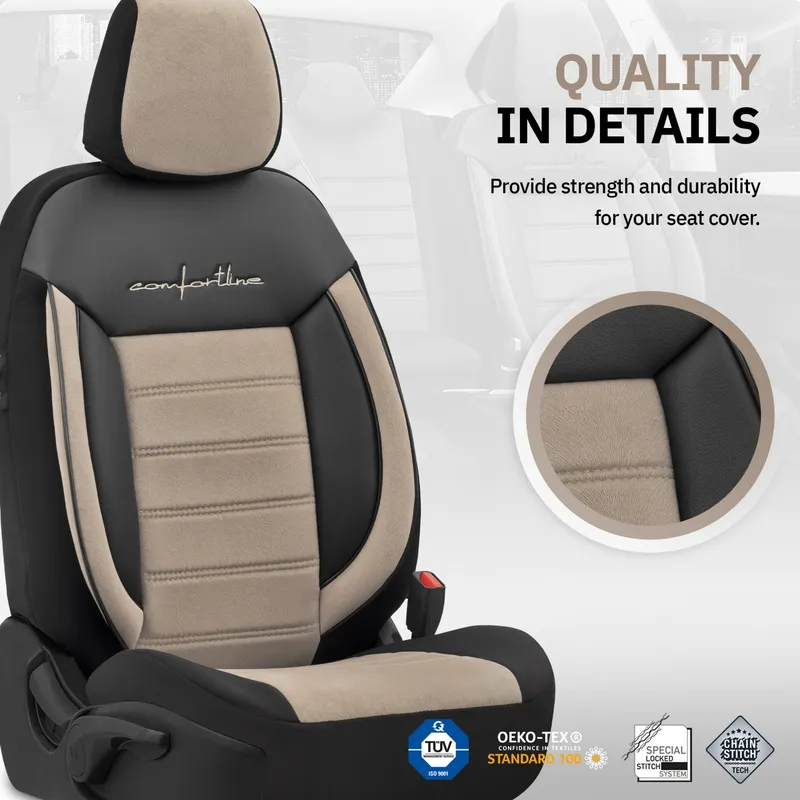 Комплект Луксозна Тапицерия OTOM текстил с еко кожа COMFORT LINE Design – Бежово-Черна с бежов шев, за Предни и Задни Седалки - 11