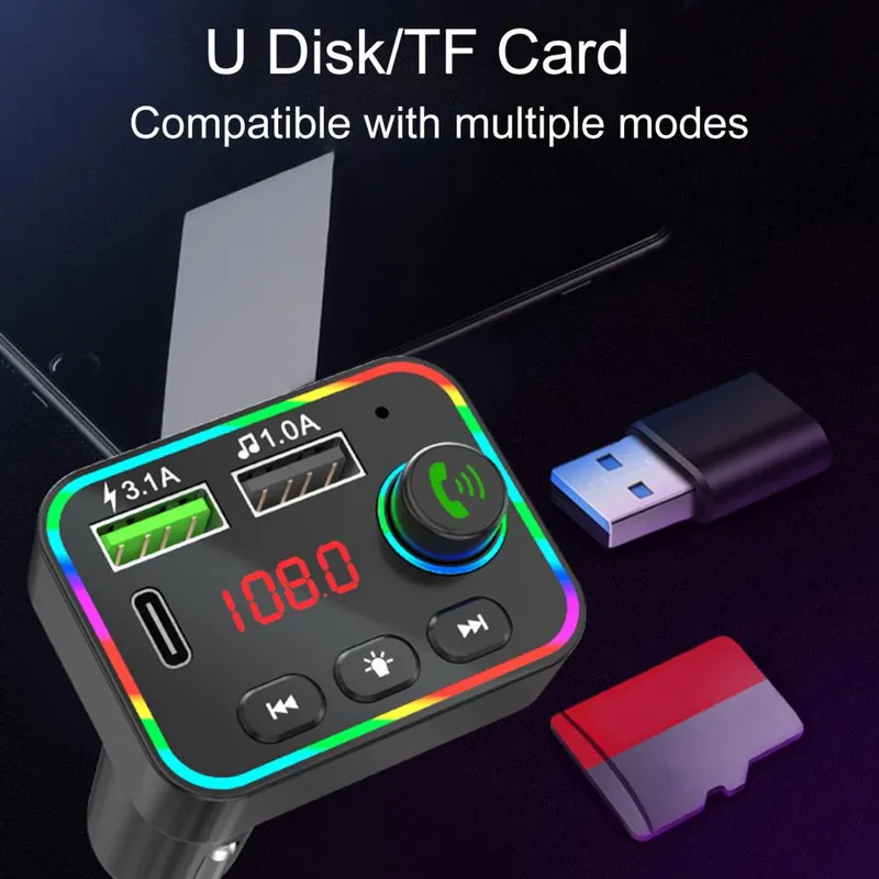 FM радио трансмитер зарядно телефон HZ-BT-F4, 87.5 MHz до 108.0 MHz Bluetooth 2x USB черен с подсветка 12V - 24V - 11