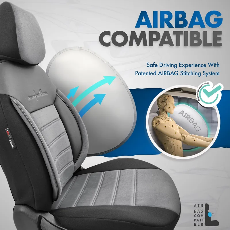Комплект Луксозна Тапицерия OTOM текстил с еко кожа COMFORT LINE Design – Сиво-Черна със сив шев, за Предни и Задни Седалки - 11