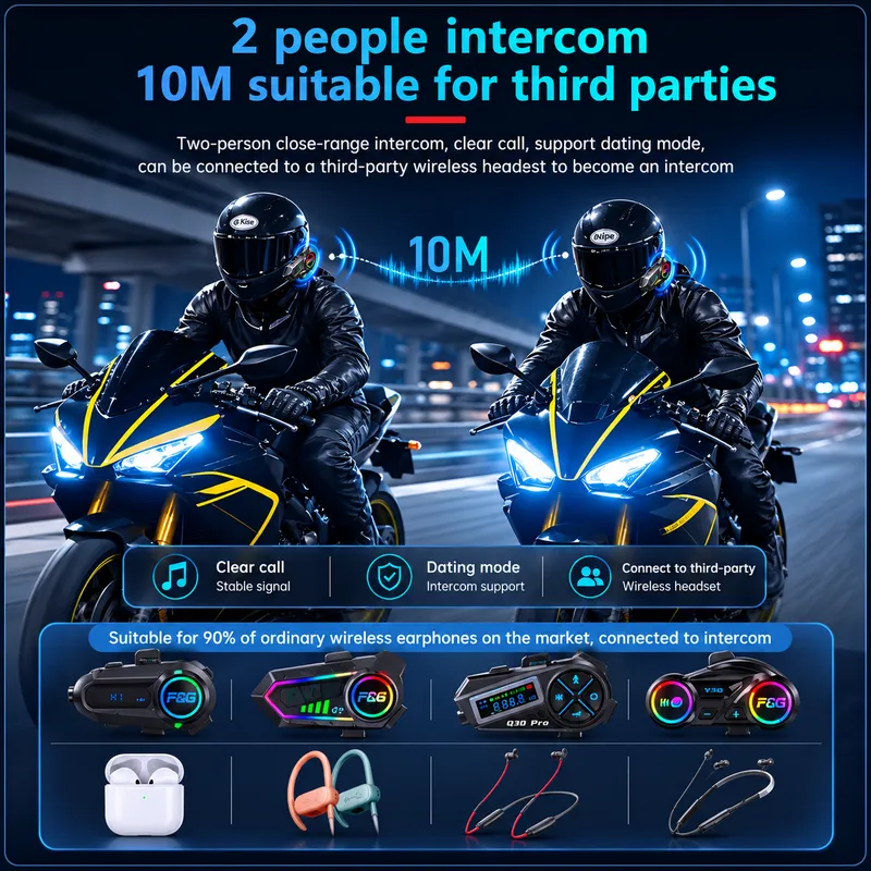 Комплект 2 бр. Интеркоми за каска Bluetooth 6.0, сдвояване помежду им, CVC + DSP шумопотискане, LED дисплей, IPX6, батерия 1000 mAh - 12