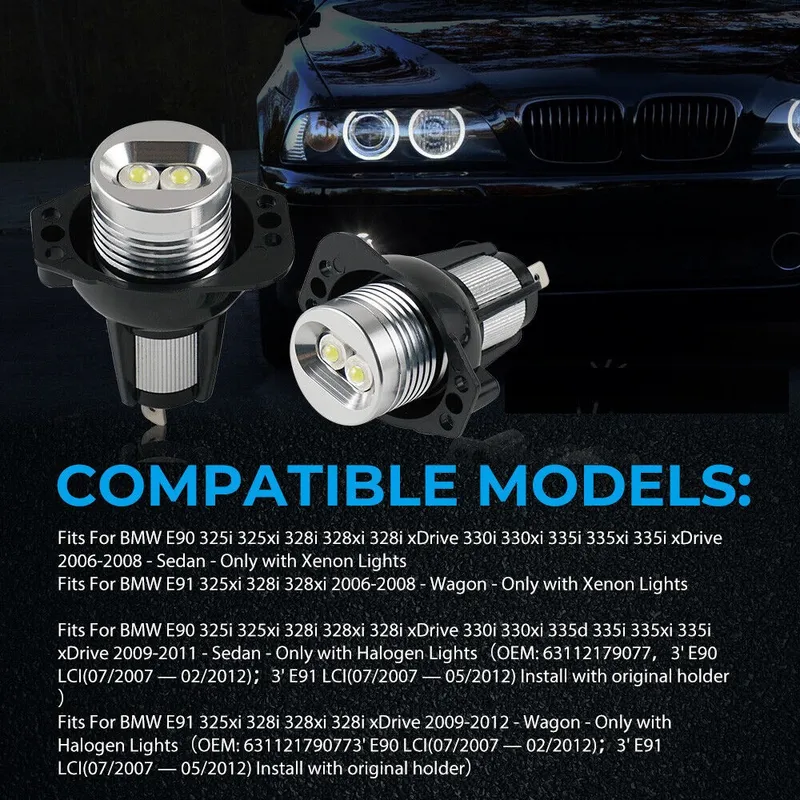 Комплект от 2 броя ярки бели LED крушки Angel Eyes ангелски очи 12V за BMW Е90 Е91 с Canbus без грешки - 12