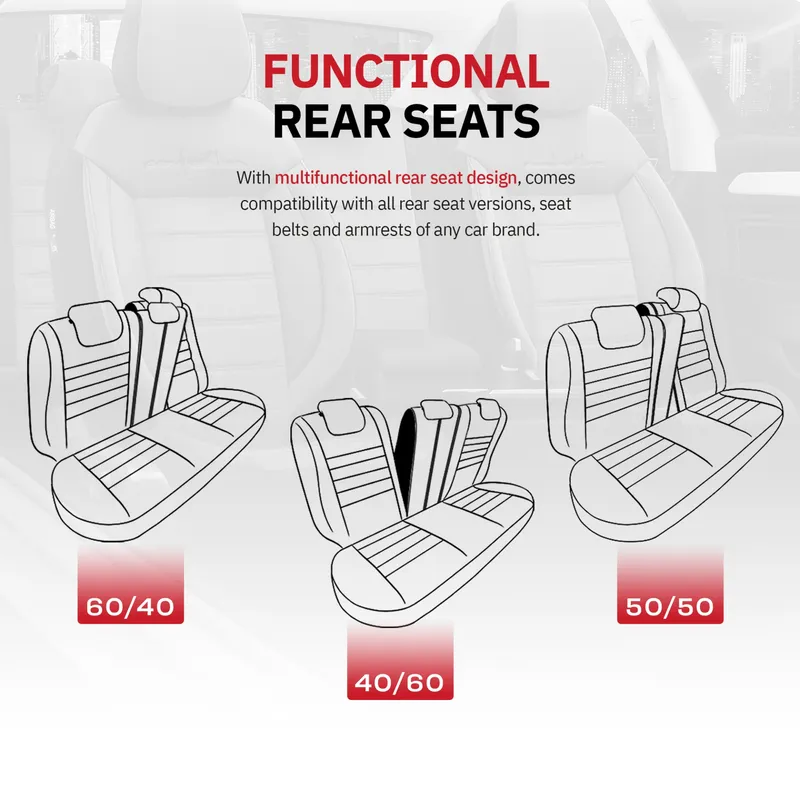 Комплект Луксозна Тапицерия OTOM текстил с еко кожа COMFORT LINE Design – Черна с червен шев, за Предни и Задни Седалки - 12