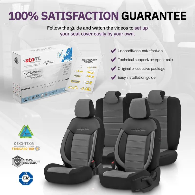 Комплект Луксозна Тапицерия OTOM текстил с еко кожа COMFORT LINE Design – Сиво-Черна със сив шев, за Предни и Задни Седалки - 12