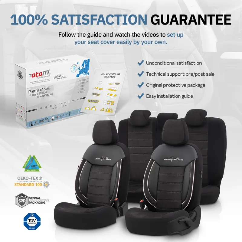 Комплект Луксозна Тапицерия OTOM текстил с еко кожа COMFORT LINE Design – Черна с бял шев, за Предни и Задни Седалки - 13