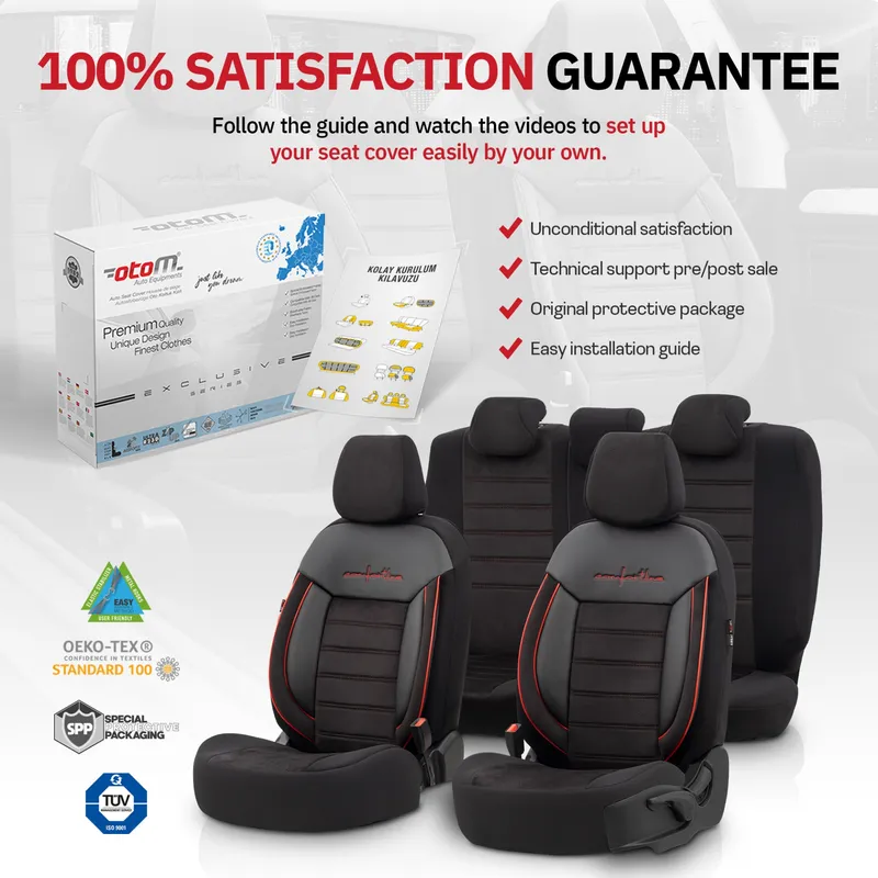 Комплект Луксозна Тапицерия OTOM текстил с еко кожа COMFORT LINE Design – Черна с червен шев, за Предни и Задни Седалки - 13