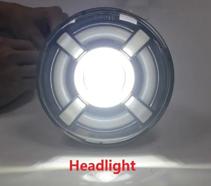 Комплект от 2бр. универсален 7 инча 18см ЛЕД LED фар лампа халоген 12V-24V къси/дълги с DRL дневни светлини мигач бяло-жълто 4800lm за АТВ джип мотоциклет камион трактор и др. - 14