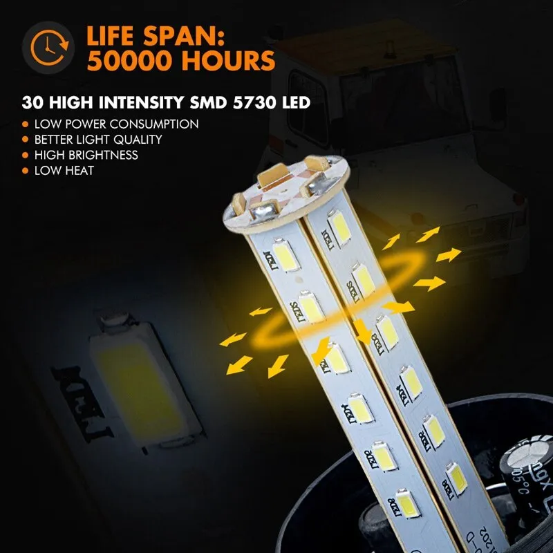 LED Лед Сигнална Аварийна Лампа Маяк Буркан 130mm x 74mm, 12V - 24V, 30 SMD Диода За Трактор, Електрокар, Мотокар, Селскостопански Машини и др. - 15