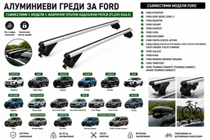 Aлуминиеви греди за багажник с ключалки за Ford EcoSport, Edge, Escape, Everest, Explorer, Focus, Galaxy, Kuga, Mondeo с плътни надлъжни релси (Flush Rails) 120 см, до 90 кг, Сребристи