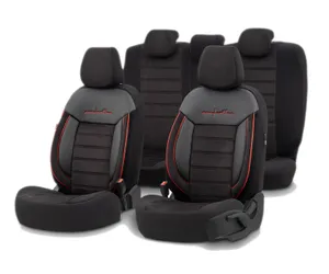 Комплект Луксозна Тапицерия OTOM текстил с еко кожа COMFORT LINE Design – Черна с червен шев, за Предни и Задни Седалки
