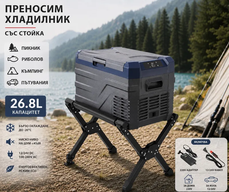 Къмпинг комплект Flexzon - Kомпресорен SMART хладилник фризер 26.8L + Сгъваема алуминиева стойка - 0