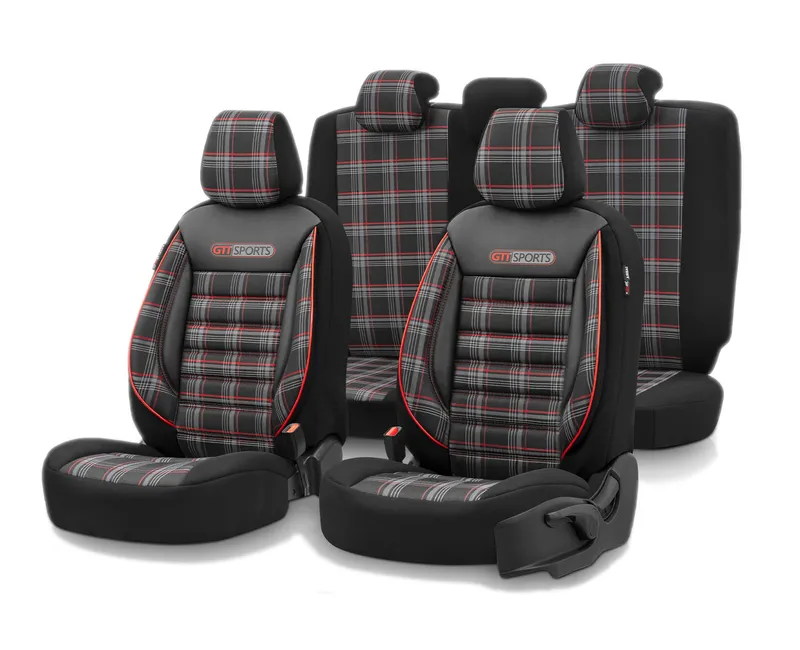 Комплект Луксозна Тапицерия OTOM текстил с еко кожа GTI SPORTS Design – Черна с червен шев, за Предни и Задни Седалки - 0
