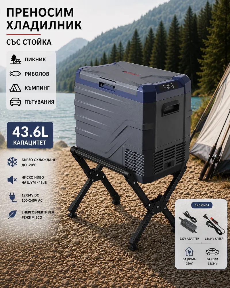 Къмпинг комплект Flexzon - Kомпресорен SMART хладилник фризер 43.6L + Сгъваема алуминиева стойка - 0