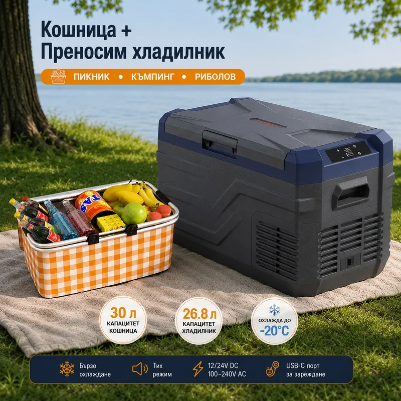 Къмпинг комплект Flexzon - Kомпресорен SMART хладилник фризер 26.8L + Сгъваема термо кошница 30L - 0