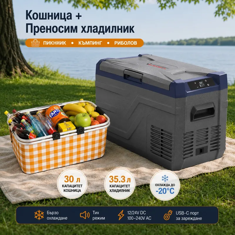 Къмпинг комплект Flexzon - Kомпресорен SMART хладилник фризер 35.3L + Сгъваема термо кошница 30L - 0