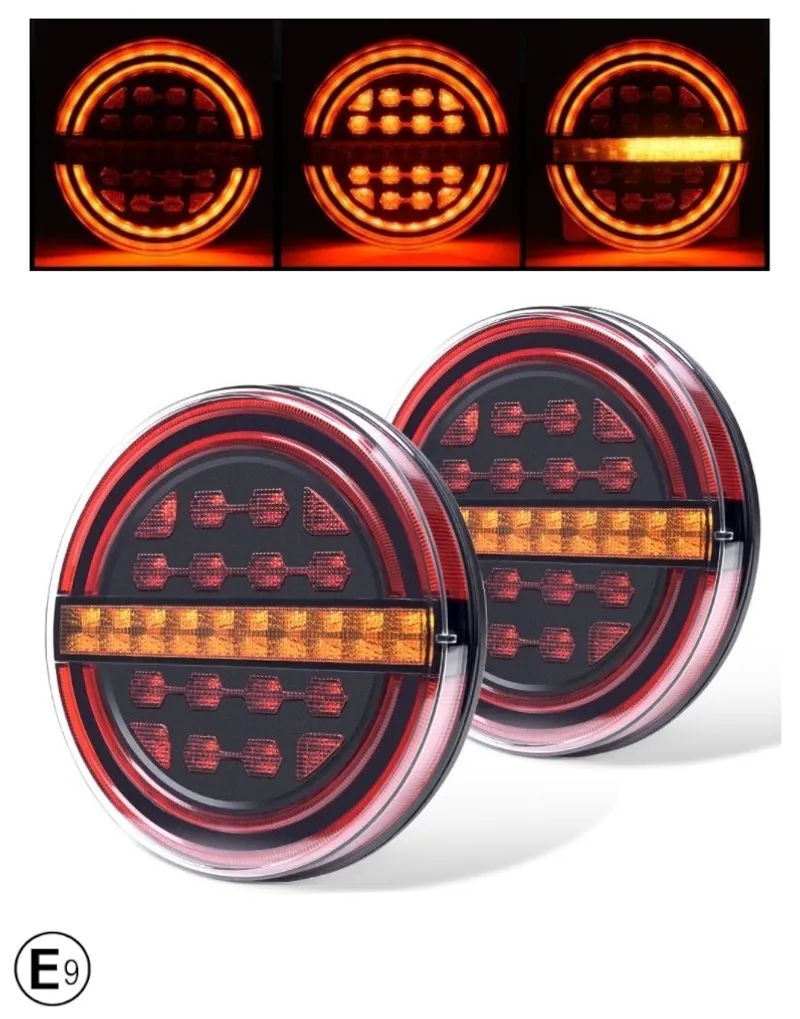Комплект LED Светодиодни Стопове с Динамичен Бягащ Мигач, Неон Ефект, Кръгли, Тип Хамбургер , Ø13.9см , 3 Функции, Е-Мark, Е9, 12V-24V - 0
