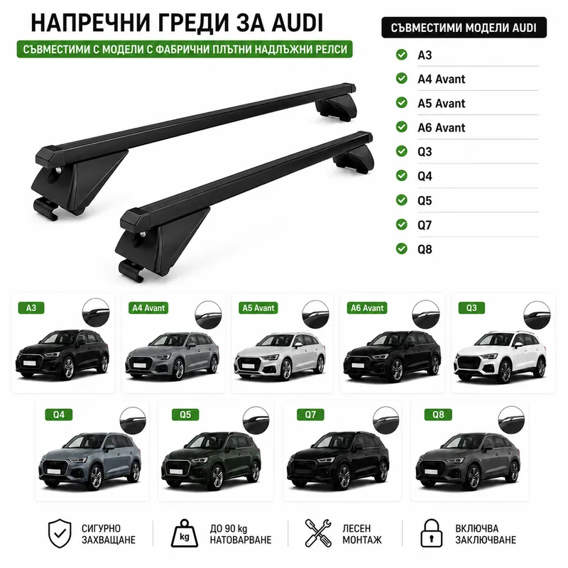 Стоманени греди за багажник с ключалки за Audi Серия A4, A5, A6 Комби Avant, A3, Q3, Q4, Q5, Q7, Q8 с плътни надлъжни релси (Flush Rails), 120 см, до 90 кг, Черни - 0