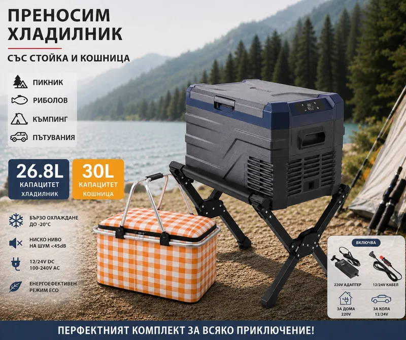 Къмпинг комплект Flexzon - Kомпресорен SMART хладилник фризер 26.8L + Tермо кошница 30L + Сгъваема стойка за хладилник - 0