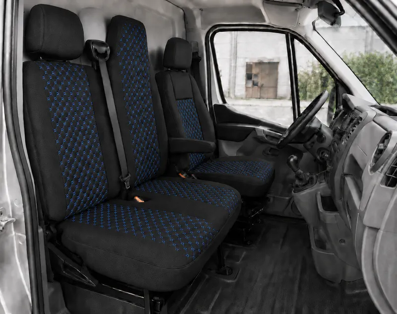 Комплект 2+1 Тапицерия за RENAULT MASTER III 2010-2019 – Текстил, Черна със син шев, 6 части - 0