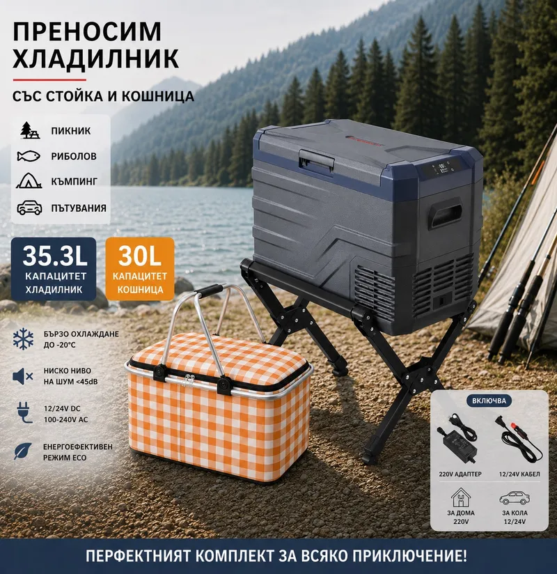 Къмпинг комплект Flexzon - Kомпресорен SMART хладилник фризер 35.3L + Tермо кошница 30L + Сгъваема стойка за хладилник - 0