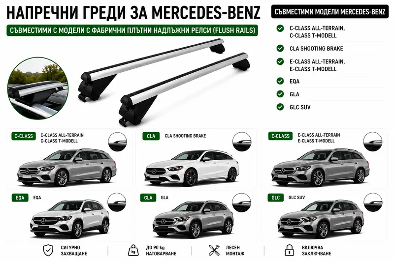 Aлуминиеви греди за багажник с ключалки за Mercedes-Benz C-Class, CLA, E-Class, EQA, GLA и GLC с плътни надлъжни релси (Flush Rails) 120 см, до 90 кг, Сребристи - 0