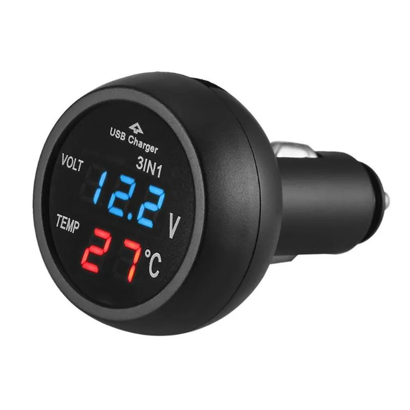 Мултифункционален дигитален уред 3 в 1 Волтметър Термометър и USB зарядно за автомобил - 0
