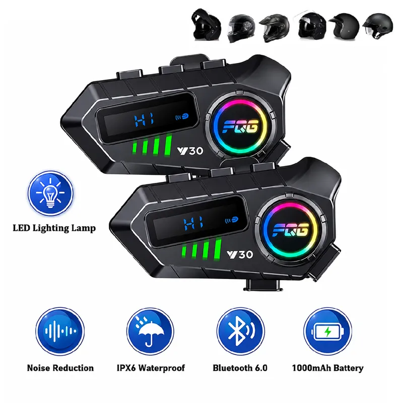 Комплект 2 бр. Интеркоми за каска Bluetooth 6.0, сдвояване помежду им, CVC + DSP шумопотискане, LED дисплей, IPX6, батерия 1000 mAh - 0