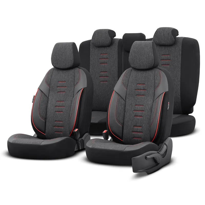 Комплект Луксозна Тапицерия OTOM текстил с еко кожа THRONE Design – Черна с червен шев, за Предни и Задни Седалки - 0