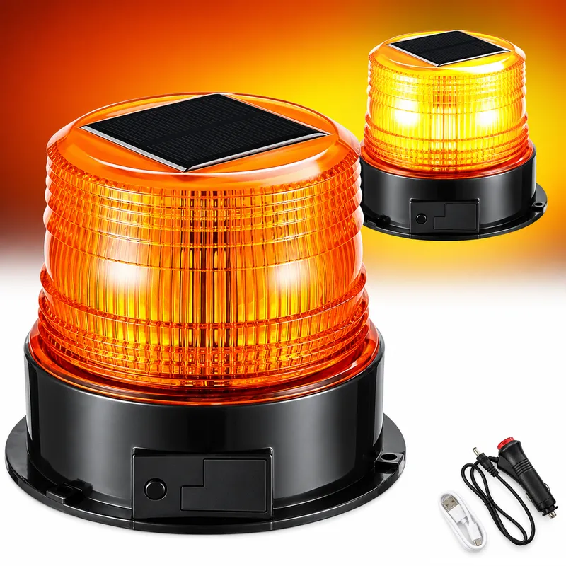 LED соларна аварийна лампа - буркан и маяк, оранжева, 18 LED, 4 режима, 12V, акумулаторна батерия, магнитен монтаж - 0