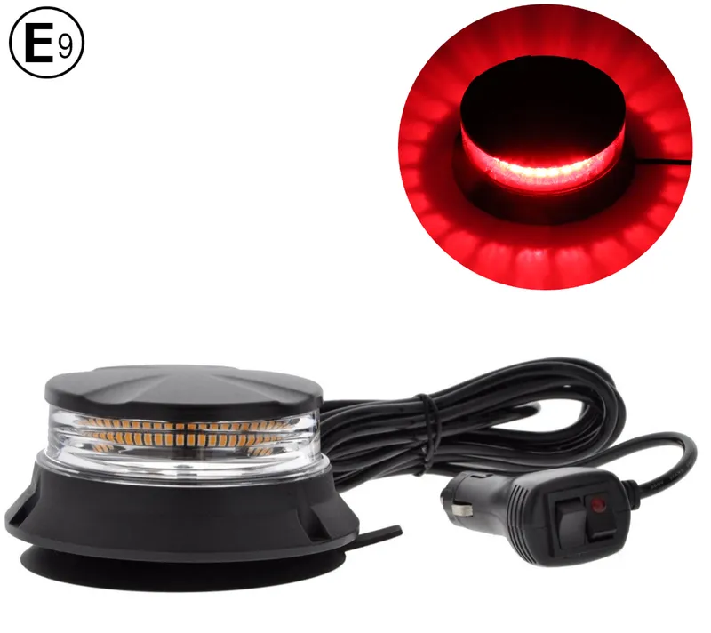 LED Аварийна Сигнална Лампа Маяк Буркан, 24W, 17 Режима, E9 E-Mark, IP66, 12V / 24V, Червена Светлина, С Магнит и Вендуза - 0
