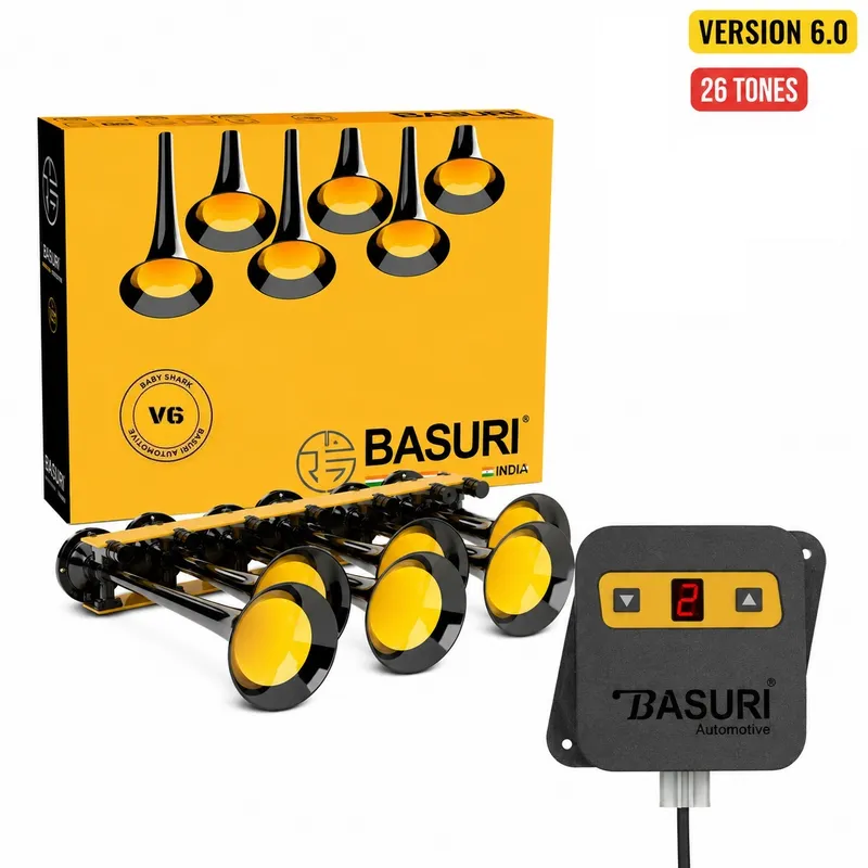 Супер Мощна музикална тромба клаксон Basuri Baby Shark 6.0 с 26 Мелодии 12V-24V 135db за автомобил камион трактор ТИР автобус и др. - 0