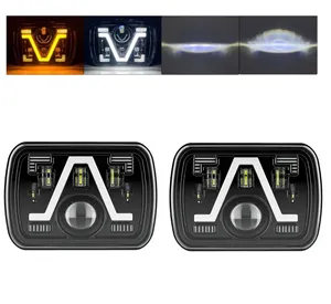 Комплект от 2бр. универсалeн 5x7 инча ЛЕД LED фар лампа халоген 12V-24V къси/дълги с DRL дневни светлини мигач бяло-жълто 9600lm за АТВ джип камион трактор и др.