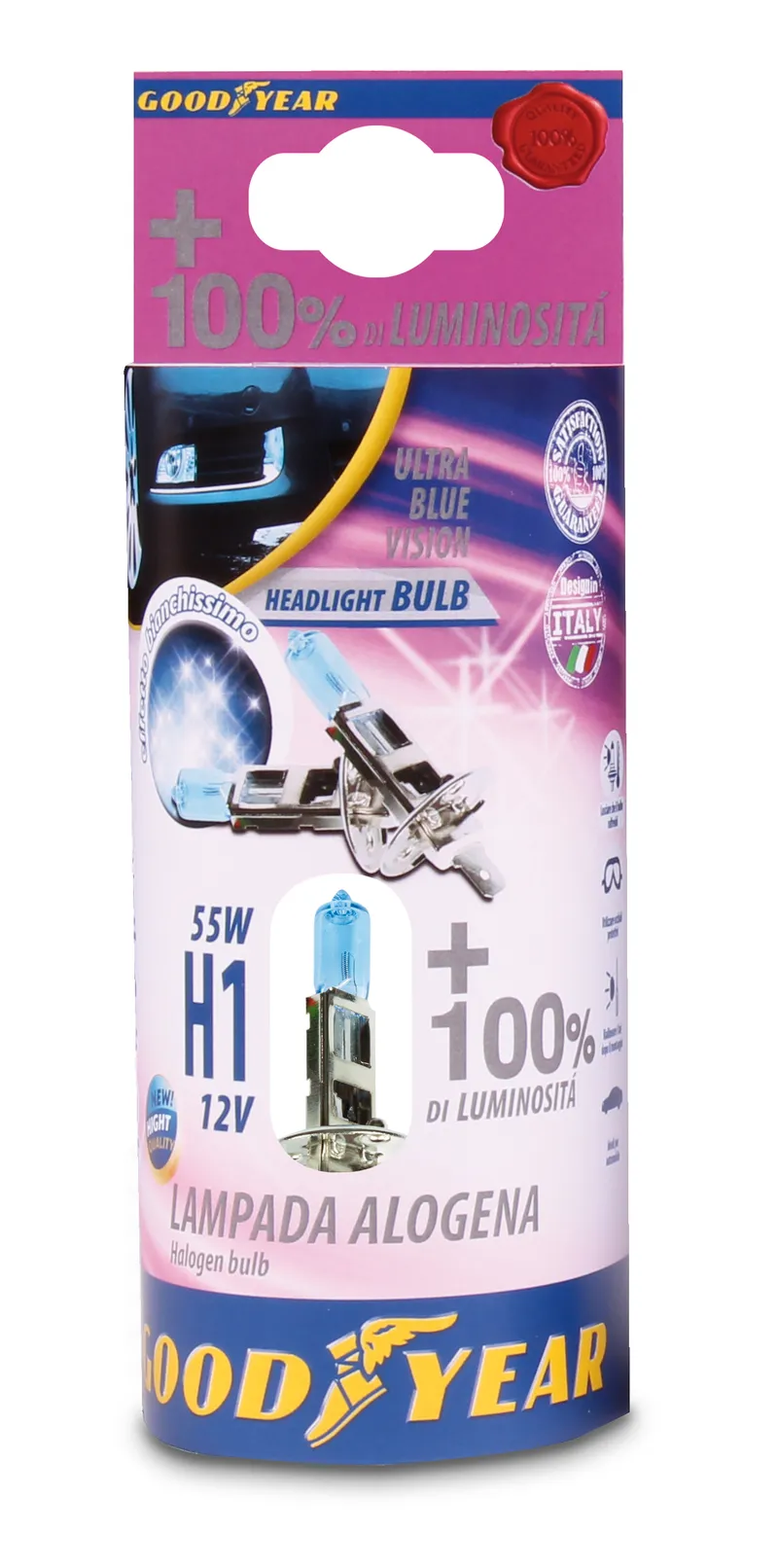 Комплект от 2 броя халогенни крушки крушка H1 Х1 12V 55W + 100% 5000K E4 Goodyear Гудиър GDY0311 - 0