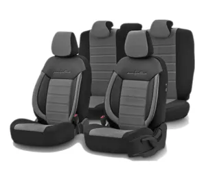 Комплект Луксозна Тапицерия OTOM текстил с еко кожа COMFORT LINE Design – Сиво-Черна със сив шев, за Предни и Задни Седалки