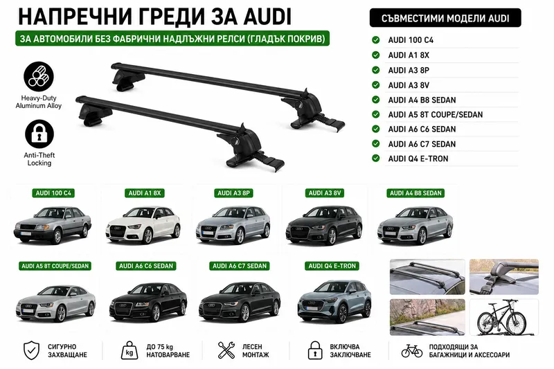 Aлуминиеви греди за багажник с ключалки за Audi 100, A1, A3, A4, A5, A6, Q4 e-tron без фабрични релси, 110 см, Черни - 0