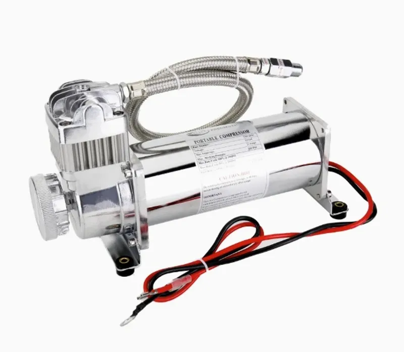 Преносим авто въздушен компресор 12V, 300 PSI, дебит 1.8 CFM, с метален маркуч - за пневматично окачване, офроуд, клаксони и въздушни системи - 0