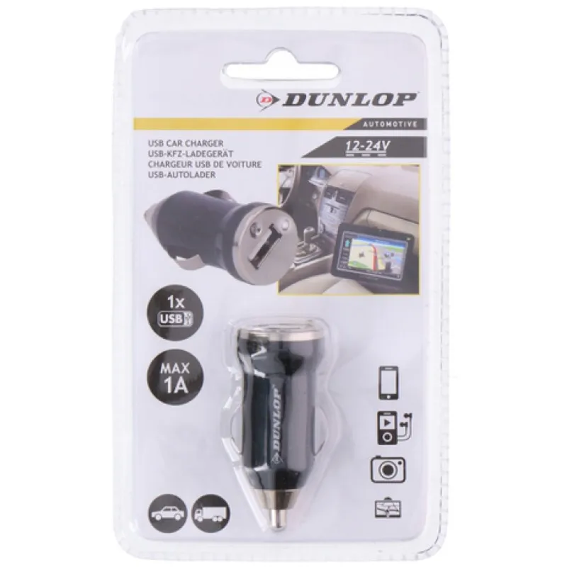 Универсално зарядно за автомобил USB 12V - 24V волта 1 ампер черно Dunlop - 0