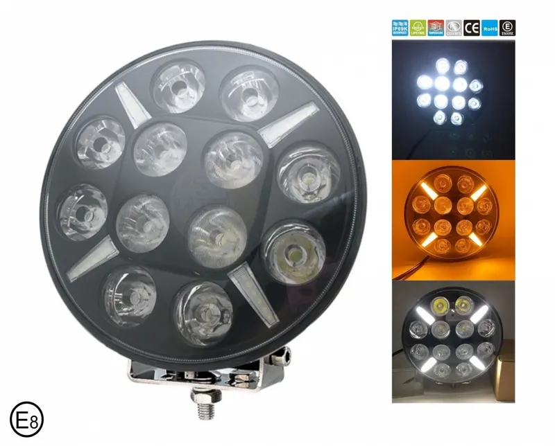 LED Диоден Халоген Фар Бял Оранжев Габарит Ø 218 мм 12V 24V 12 Диода за джип камион трактор багер - 0