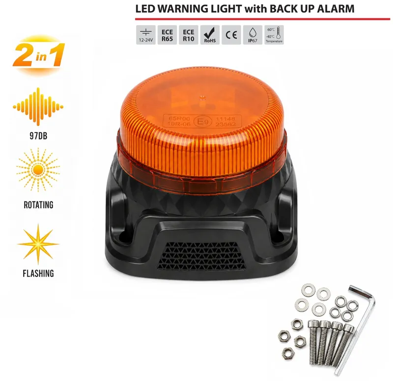 Оранжева LED аварийна лампа със зумер за заден ход, 14.5W, 9 режима, 97 dB, E-Mark E9, ECE R65/R10, IP67, 12–24V - 0