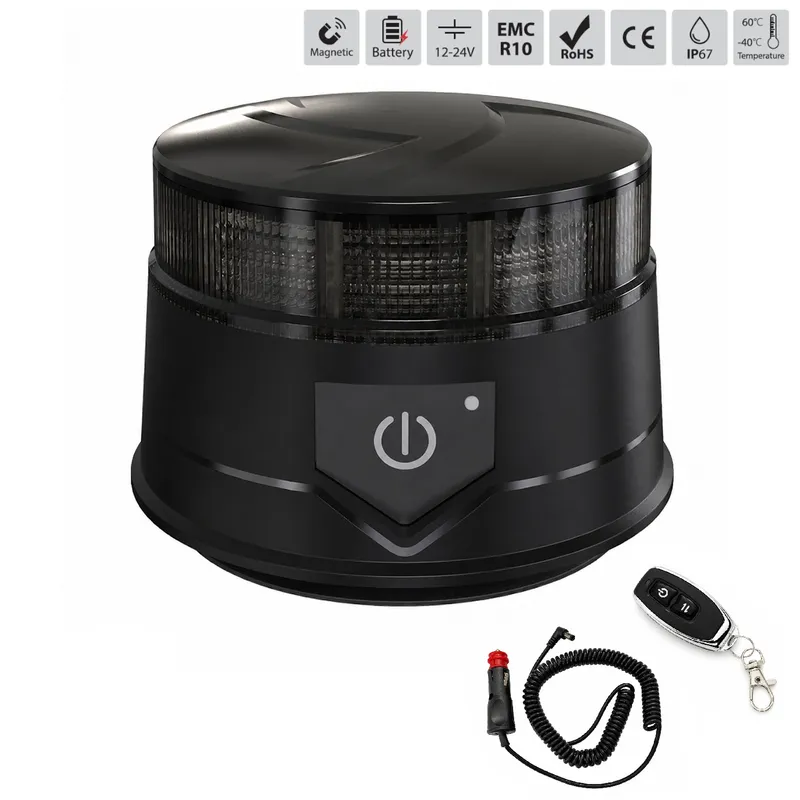 Оранжева LED аварийна лампа с опушен корпус, 36 LED, 19W, 7 режима, дистанционно, вградена батерия, магнит и вендуза, E-Mark E9, ECE R10, IP67, 12–24V - 0
